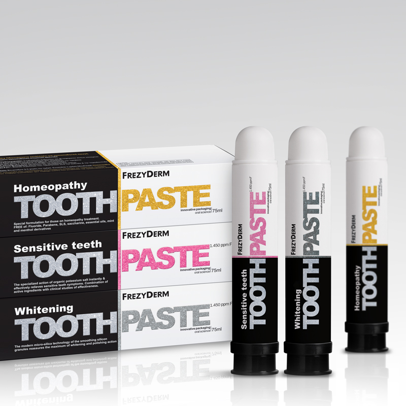 Award-winning oral care packaging design for Frezyderm toothpaste by ABC Design Communication, featuring innovative printing and glitter effects.