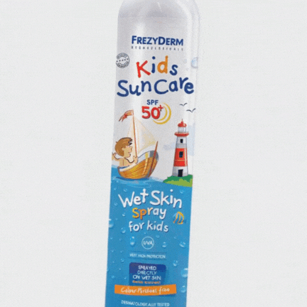 Award-winning Kids Sun Care Wet Skin SPF 50+ packaging with playful summer illustrations by ABC Design Communication