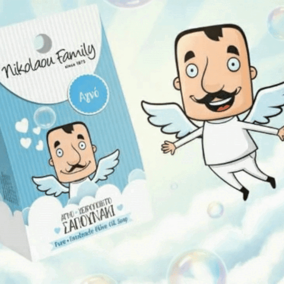 Award-winning hand-made olive oil soap packaging for Nikolaou Family by ABC Design Communication with playful illustrations and gift-ready design
