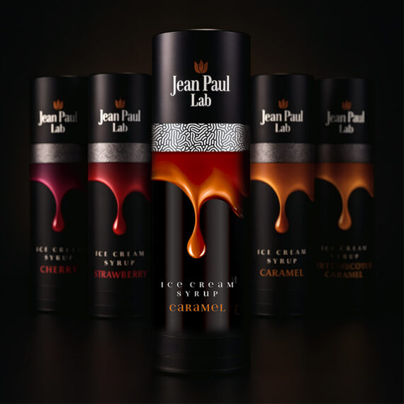 Jean Paul Lab syrup packaging design by ABC Design Communication, visual identity inspired by fluid texture and flavor