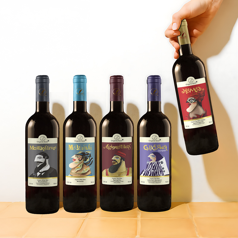 Artistic wine label packaging by ABC Design Communication with fine art, minimal typography, and gold foil branding for Greek wines