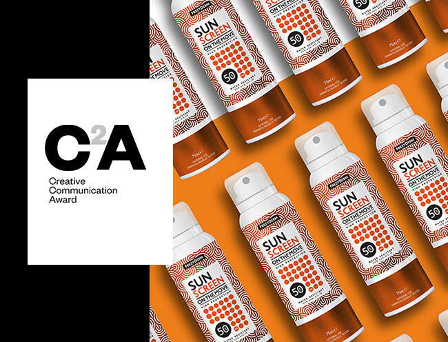 Pattern of Frezyderm spray bottles and C2A award logo. Sunscreen packaging design by ABC Design Communication.