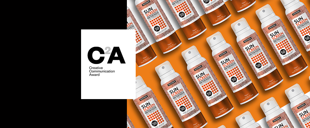 Pattern of Frezyderm spray bottles and C2A award logo. Sunscreen packaging design by ABC Design Communication.