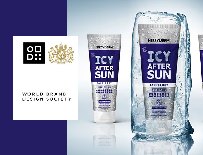 World Brand Design Society Frezyderm Icy After Sun packaging design by ABC Design, featuring premium cooling hydrogel tubes elegantly presented with sculpted ice.