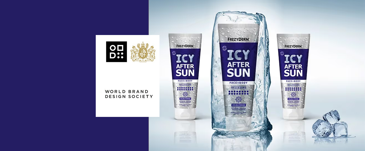 World Brand Design Society Frezyderm Icy After Sun packaging design by ABC Design, featuring premium cooling hydrogel tubes elegantly presented with sculpted ice.