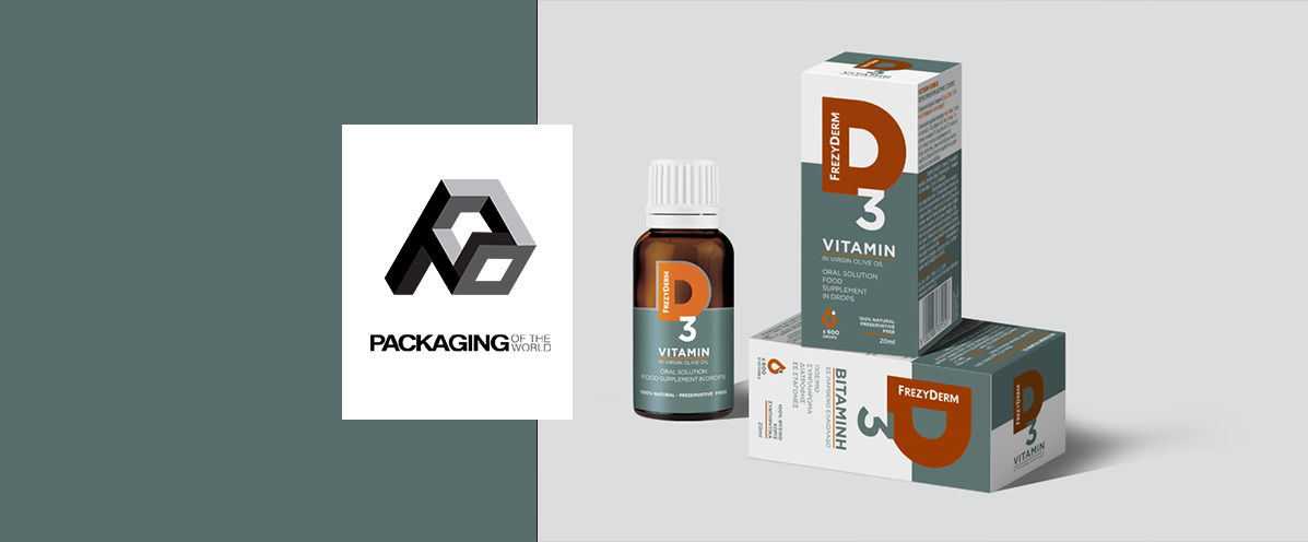 Premium packaging design for Frezyderm D3 Vitamin drops by ABC Design, featured on the Packaging of the World gallery, showcasing a sophisticated slate and warm orange color palette.