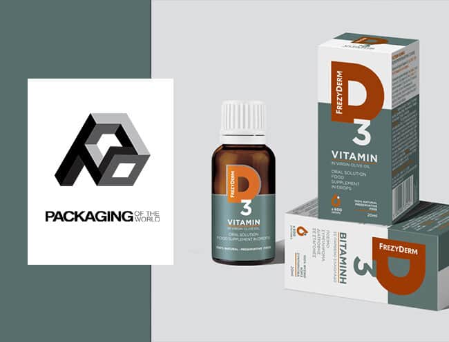Premium packaging design for Frezyderm D3 Vitamin drops by ABC Design, featured on the Packaging of the World gallery, showcasing a sophisticated slate and warm orange color palette.