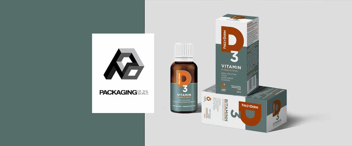 Premium packaging design for Frezyderm D3 Vitamin drops by ABC Design, featured on the Packaging of the World gallery, showcasing a sophisticated slate and warm orange color palette.
