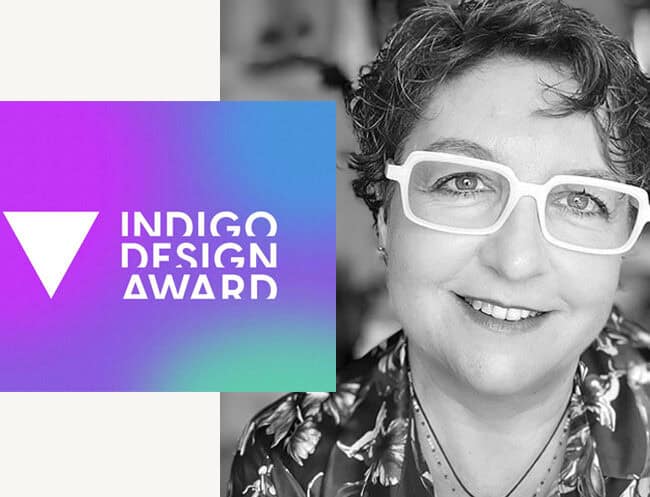 CEO Machi Kakava next to the Indigo Design Award logo, packaging design by ABC Design Communication.
