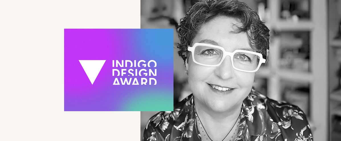 CEO Machi Kakava next to the Indigo Design Award logo, packaging design by ABC Design Communication.