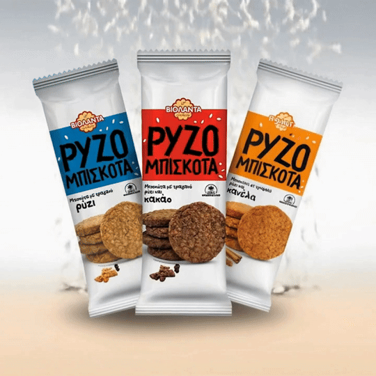 Violanta Rice Biscuits packaging design by ABC Design Communication, clean and clear highlighting three varieties