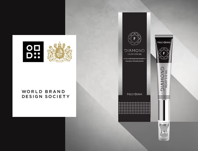Premium cosmetic packaging design for Frezyderm Diamond Velvet Eye Gel by ABC Design Communication, recognized by the World Brand Design Society, featuring a sophisticated black and silver visual identity and an exclusive applicator.