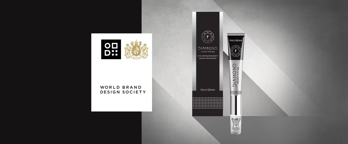 Premium cosmetic packaging design for Frezyderm Diamond Velvet Eye Gel by ABC Design Communication, recognized by the World Brand Design Society, featuring a sophisticated black and silver visual identity and an exclusive applicator.