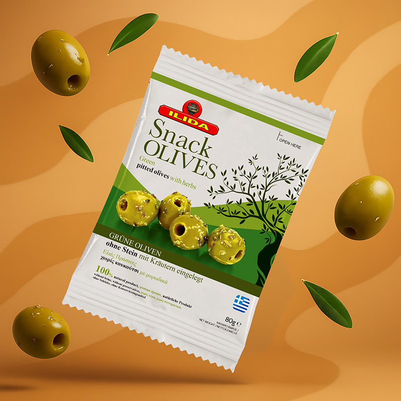 Ilida Snack Olives packaging design by ABC Design Communication with fresh, nature-inspired visuals for Greek tourism