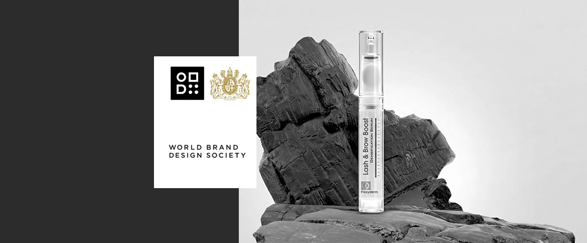 Award-winning premium cosmetic packaging design for Frezyderm Lash and Brow Boost by ABC Design Communication, recognized by the World Brand Design Society, featuring a sophisticated minimalist applicator against a striking dark textured element.