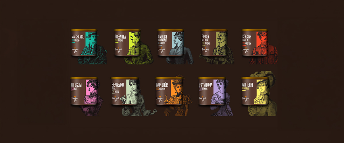 Premium Jean Paul Labs tea packaging tins featuring vintage human illustrations and distinct color coding for each flavor.