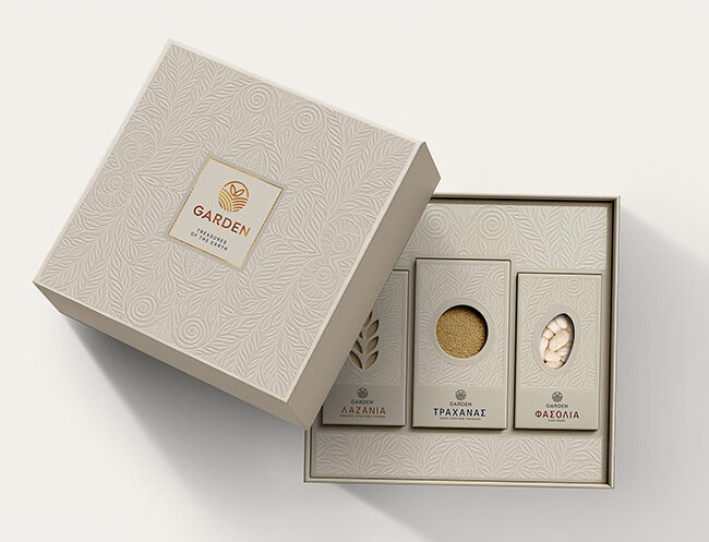 Premium minimal gift box by Garden Treasures of the Earth featuring traditional Greek products like lasagna, trahanas, and beans.