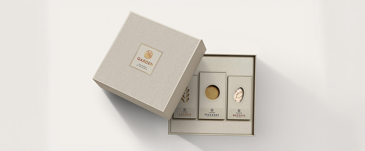 Premium minimal gift box by Garden Treasures of the Earth featuring traditional Greek products like lasagna, trahanas, and beans.