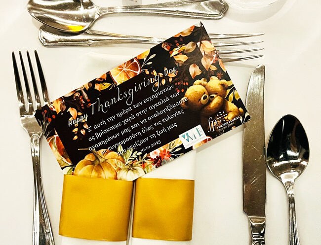 Thanksgiving card on a formal dining table, Feminin Pluriel packaging design by ABC Design Communication
