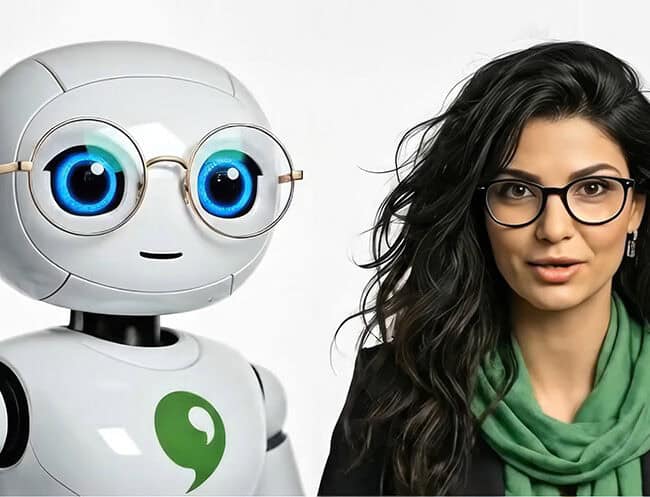 White robot with glasses alongside a woman for AI packaging design by ABC Design Communication