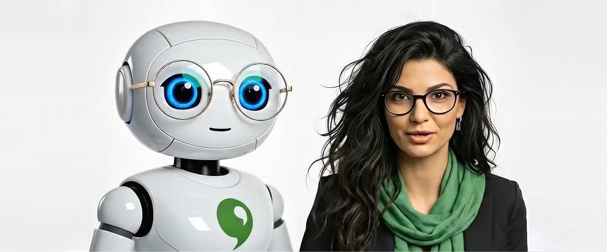 White robot with glasses alongside a woman for AI packaging design by ABC Design Communication