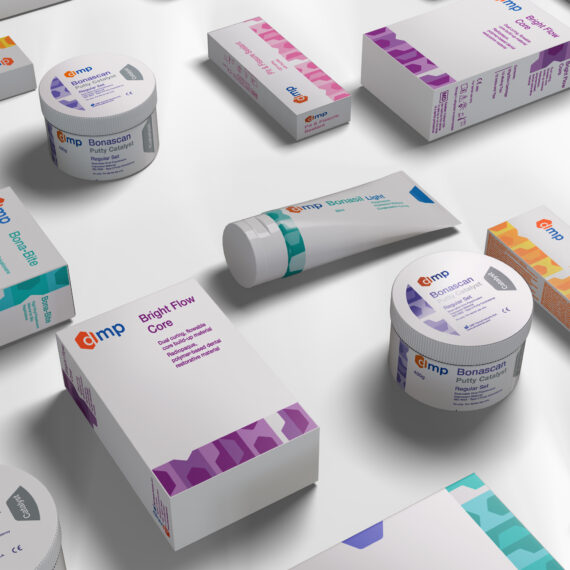 DMP Dental materials modern packaging design with hexagon pattern