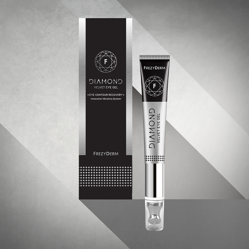 Frezyderm Velvet Eye Gel luxury packaging design with diamond pattern in black and silver