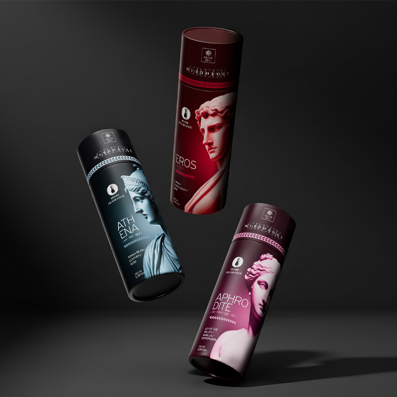 Olive Spa home diffusers packaging design with Greek mythology busts