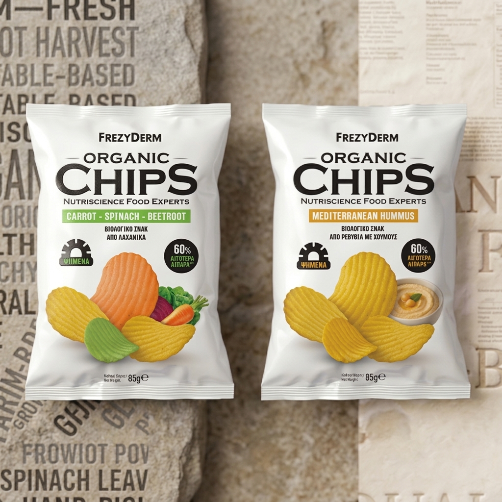 Frezyderm Organic Chips packaging design by ABC Design with minimal clean healthy branding