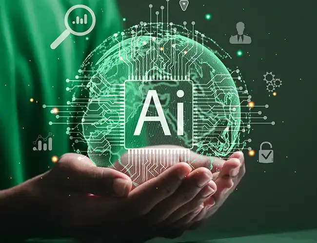 Futuristic glowing digital AI globe held in hands for AI augmented branding by ABC Design Communication.