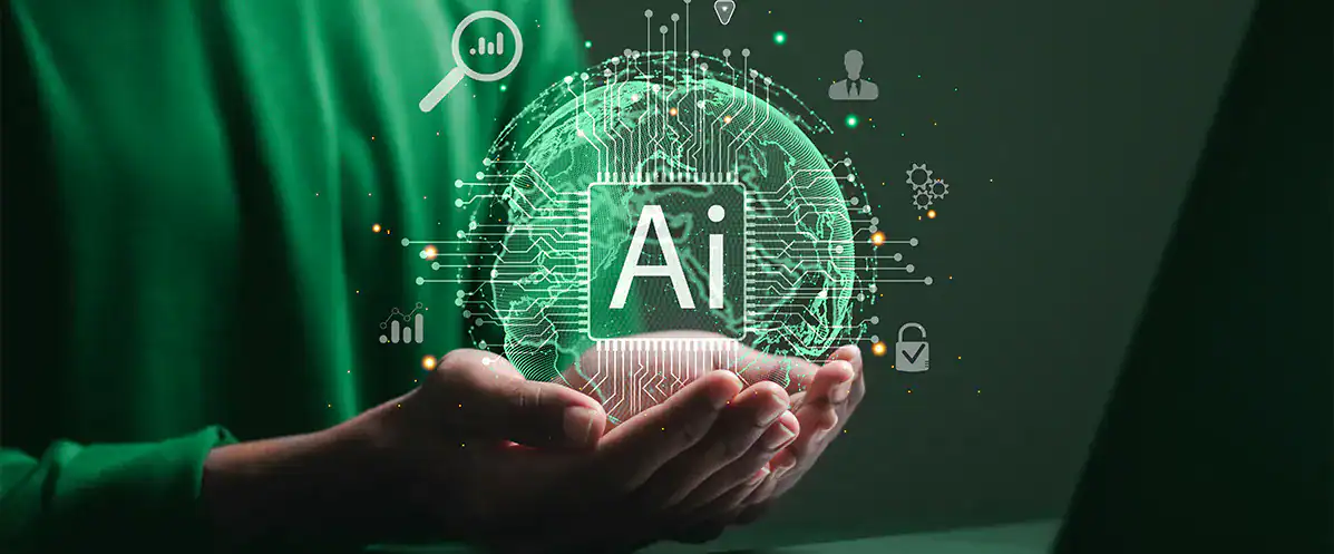 Futuristic glowing digital AI globe held in hands for AI augmented branding by ABC Design Communication.
