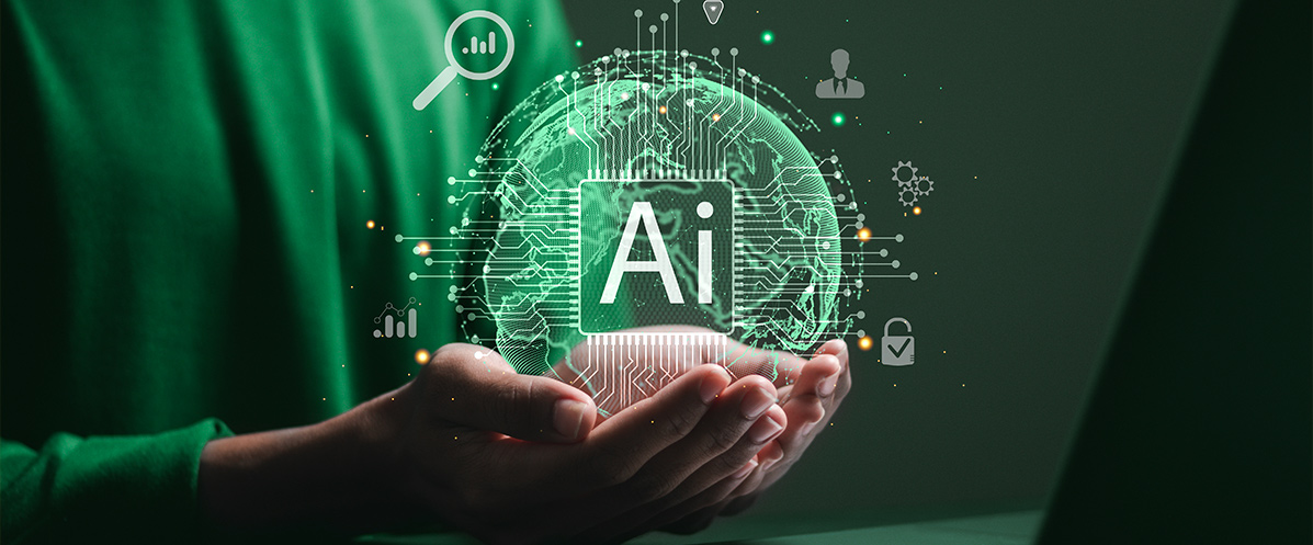 Hands holding a glowing holographic globe featuring an AI microchip, symbolizing artificial intelligence in global branding.