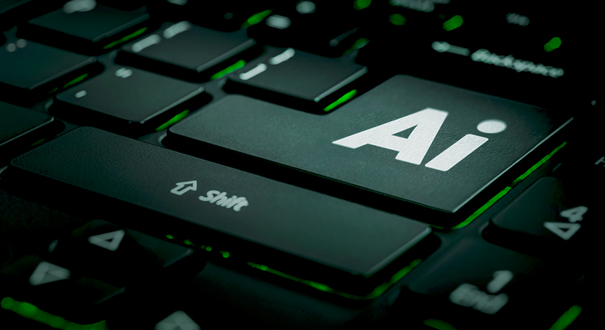 Close-up of a black laptop keyboard highlighting a customized AI button glowing in green.