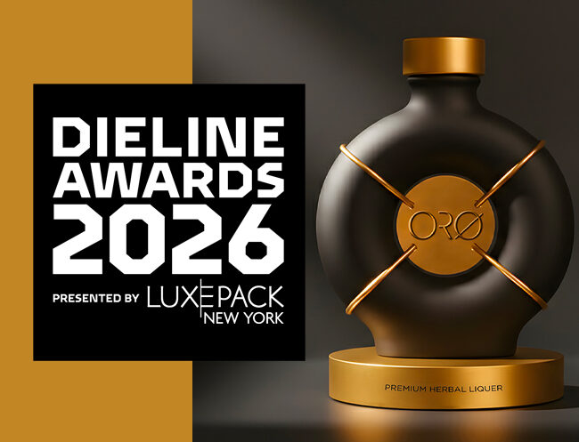 The Dieline Awards 2026 presented by Luxe Pack New York trophy for the luxury sculptural bottle and packaging design of ORØ premium herbal liqueur by ABC Design Communication.