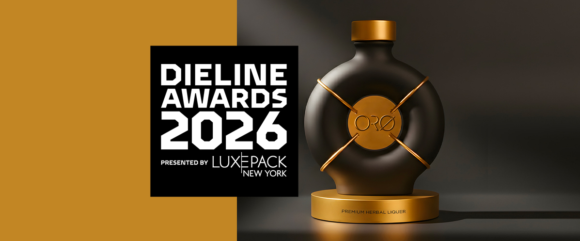 The Dieline Awards 2026 presented by Luxe Pack New York trophy for the luxury sculptural bottle and packaging design of ORØ premium herbal liqueur by ABC Design Communication.