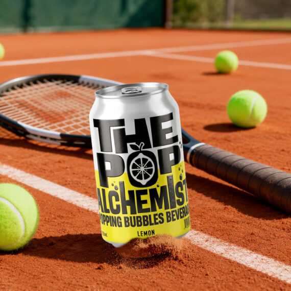 Beverage packaging σχεδιασμός The Pop Alchemist σε γήπεδο τένις.