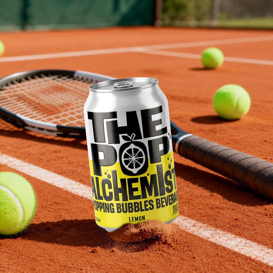 Beverage packaging σχεδιασμός The Pop Alchemist σε γήπεδο τένις.