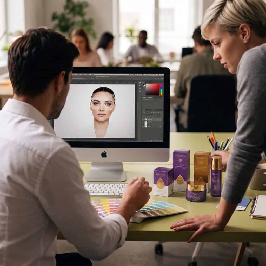Designers reviewing physical prototypes for the Cocooni skincare packaging design by ABC Design Communication in the studio.
