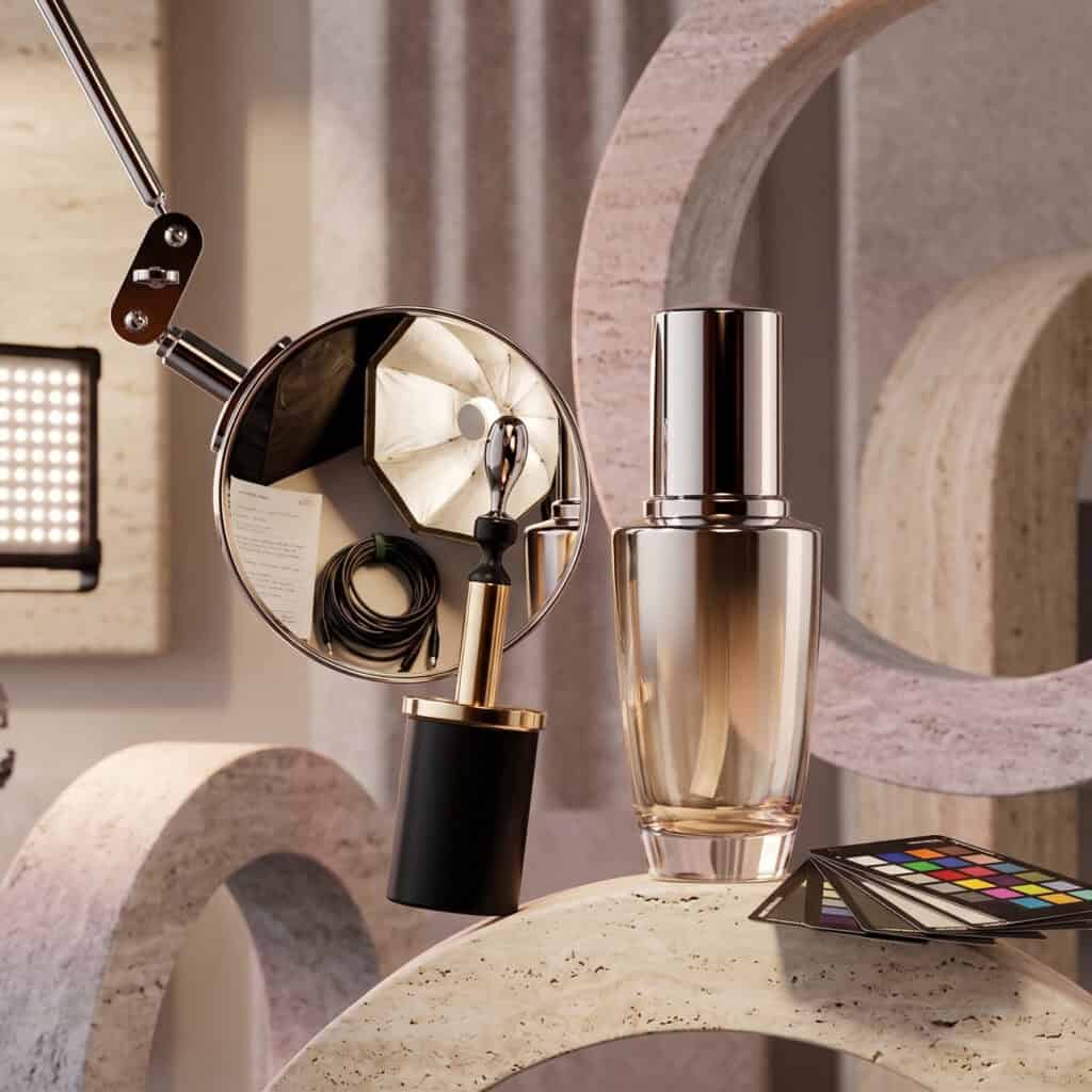 Gold glass bottle and mirror on stone props, luxury cosmetic packaging design by ABC Design Communication.