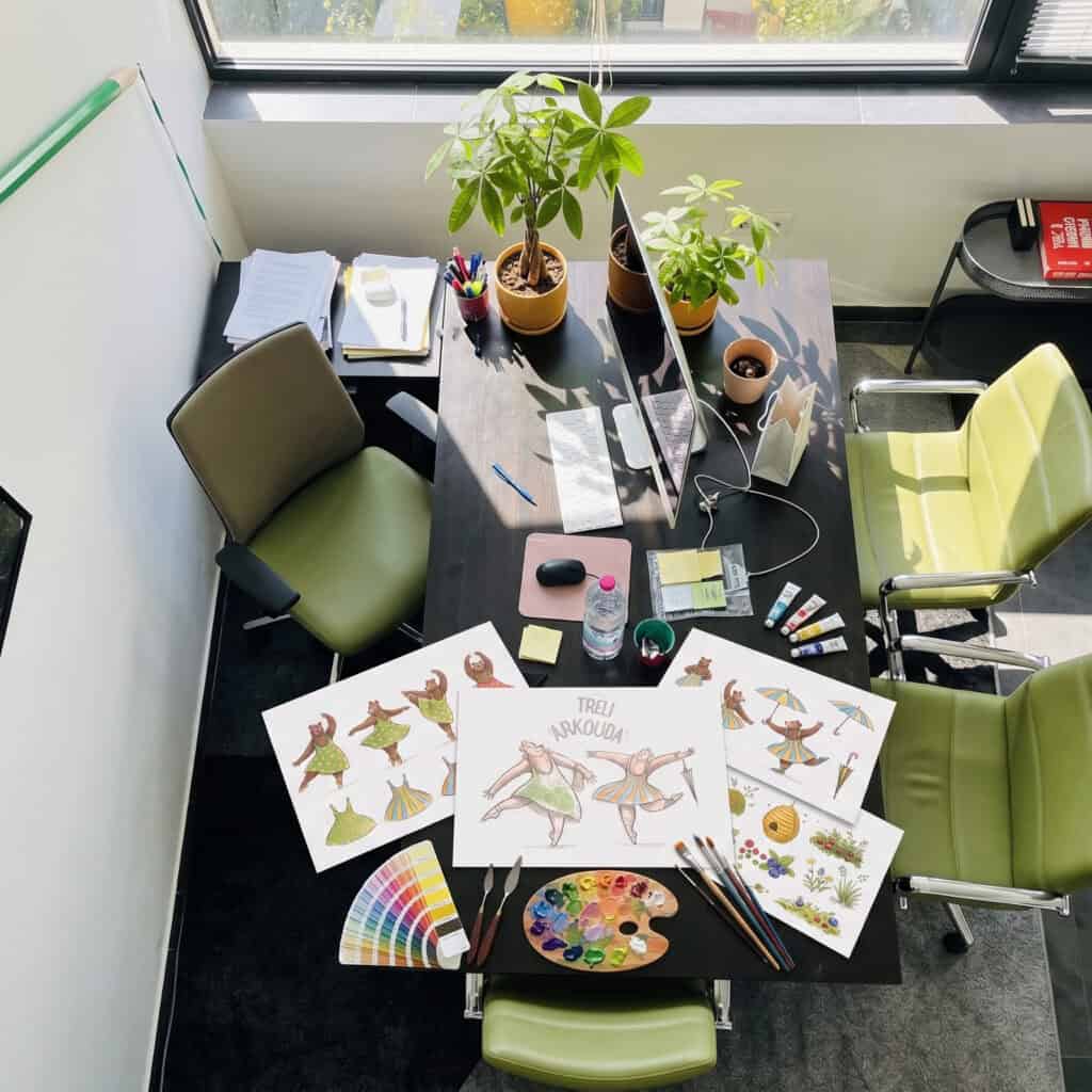 Designer desk with bear sketches, Treli Arkouda packaging illustration design by ABC Design Communication.