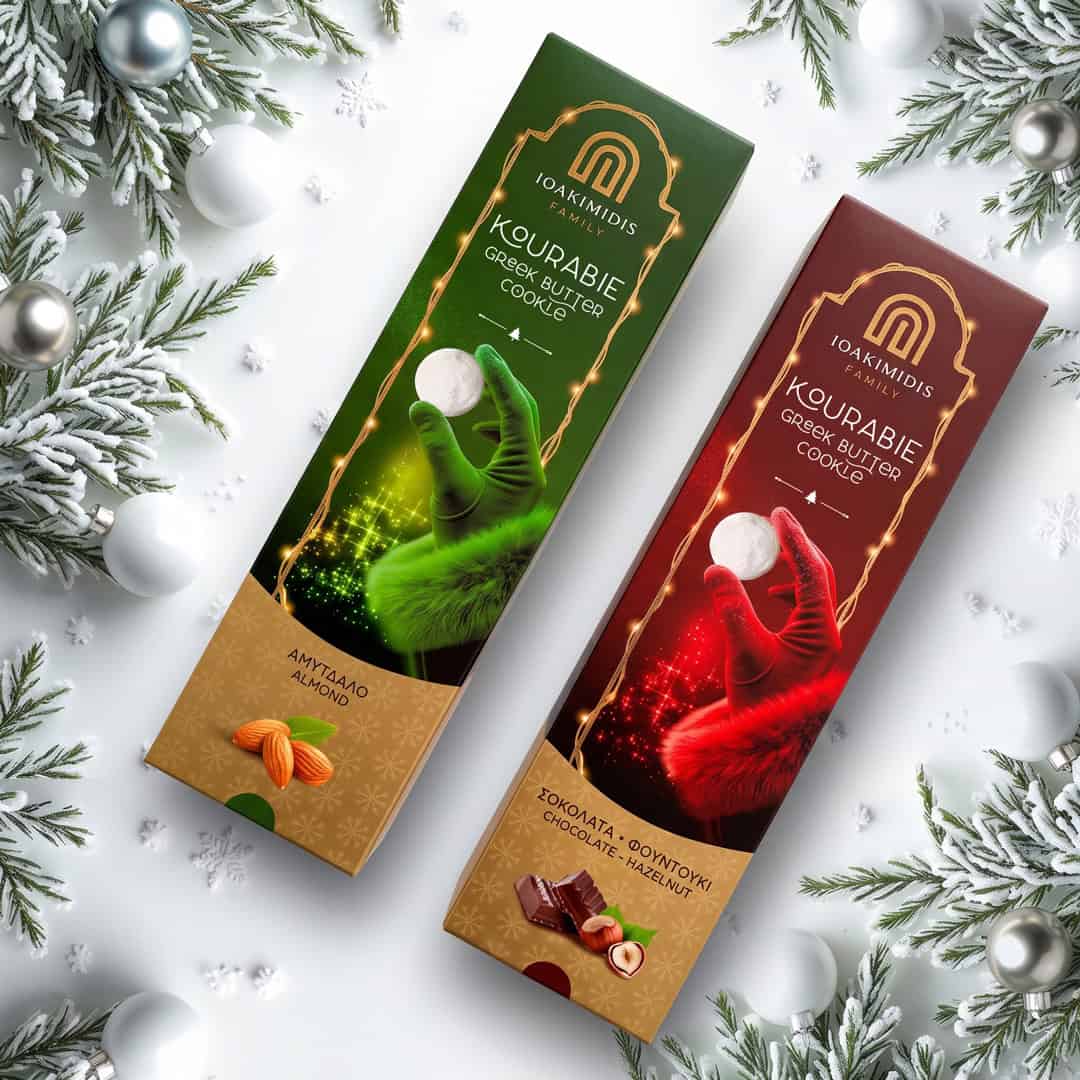Red and green festive butter cookie packaging for Ioakimidis Family, packaging design by ABC Design Communication.
